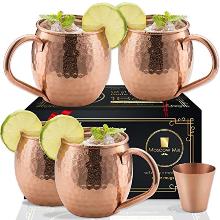 Moscow Mule Copper Mugs Set of 4 - Solid Copper Handcrafted Copper Mugs for Moscow Mule Cocktail - 16 Ounce - Shot Glass Included