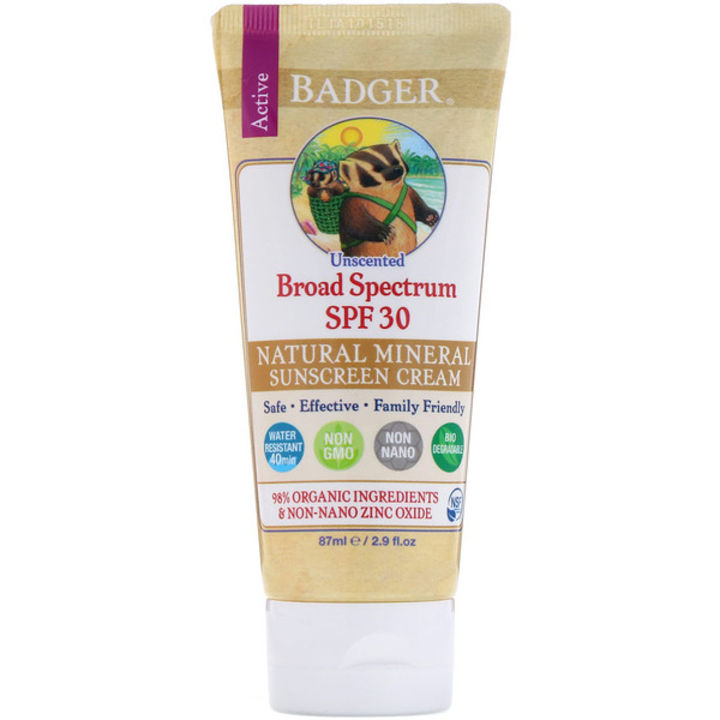 Badger Company, Natural Mineral Sunscreen Cream, SPF 30, Unscented, 2.9 fl oz (87 ml)