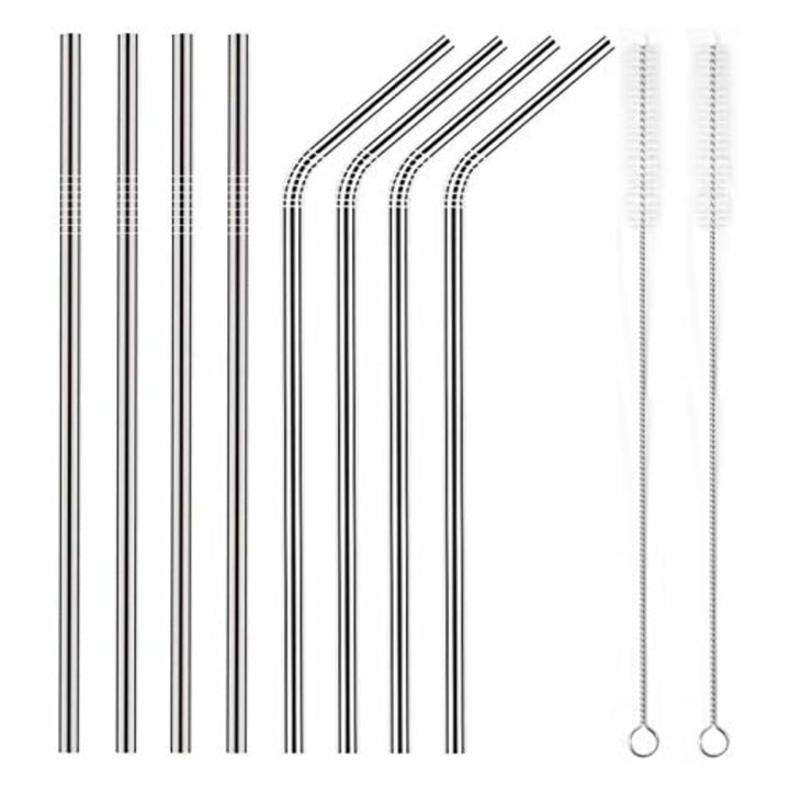YIHONG Set of 8 Stainless Steel Metal Straws Ultra Long 10.5 Inch Reusable Straws For Tumblers Rumblers Cold Beverage (4 Straight|4 Bent|2 Brushes)