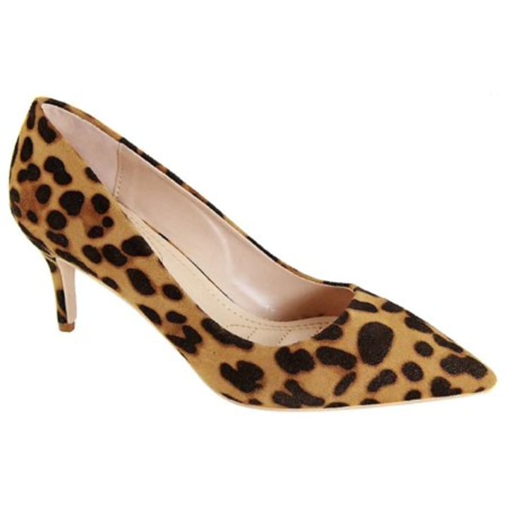 Marque-4 Women Pointed Toe Suede Low Kitten Heel Slip On Pumps Leopard
