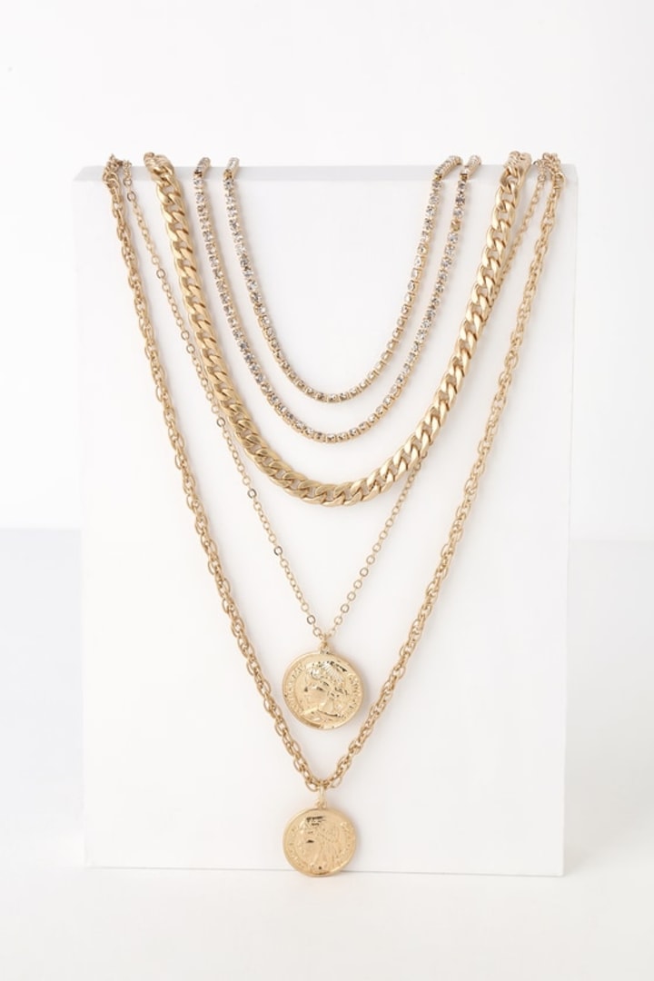 Beatrice Gold Rhinestone Layered Coin Necklace