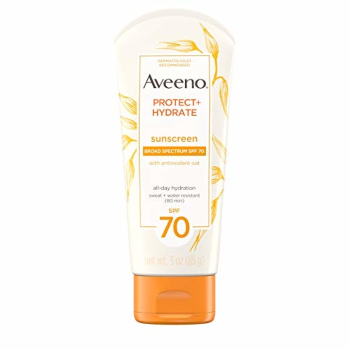 Aveeno Protect + Hydrate Moisturizing Sunscreen Lotion with Broad Spectrum SPF 70 &amp; Antioxidant Oat, Oil-Free, Sweat- &amp; Water-Resistant Sun Protection, Travel-Size, 3 oz