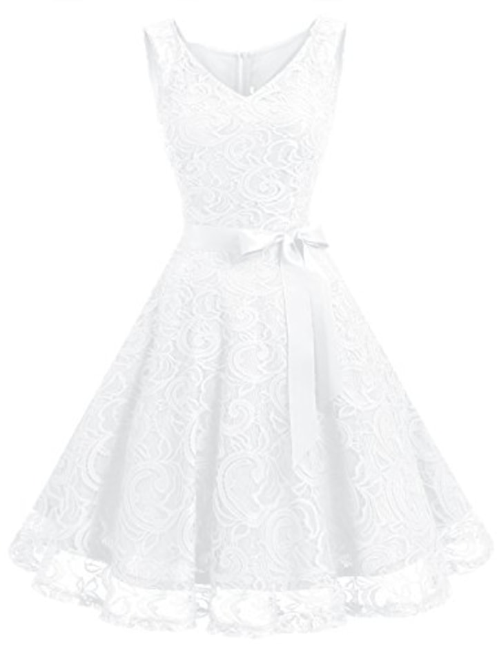 Dressystar Women Floral Lace Bridesmaid Party Dress Short Prom Dress V Neck S White