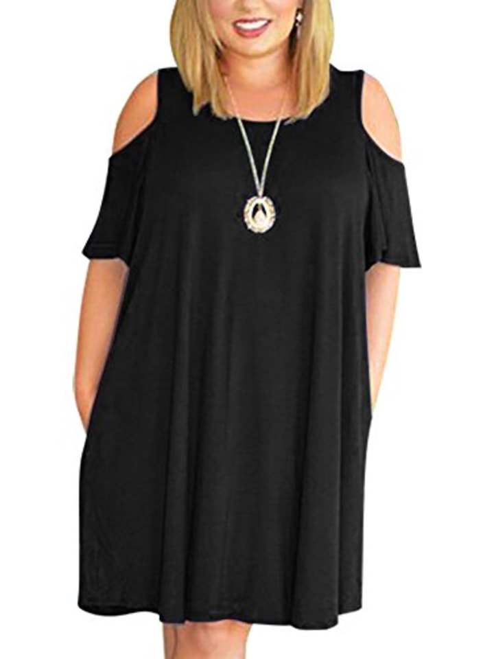 Nemidor Women&#039;s Cold Shoulder Plus Size Casual T-Shirt Swing Dress with Pockets (18W, Black)