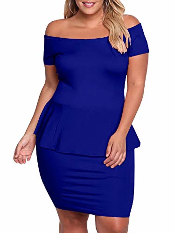 Yskkt Womens Plus Size Peplum Dresses Off The Shoulder Short Sleeve Bell Sleeve Ruched Bodycon Sexy Mini Party Dress (X-Large, A-Blue)