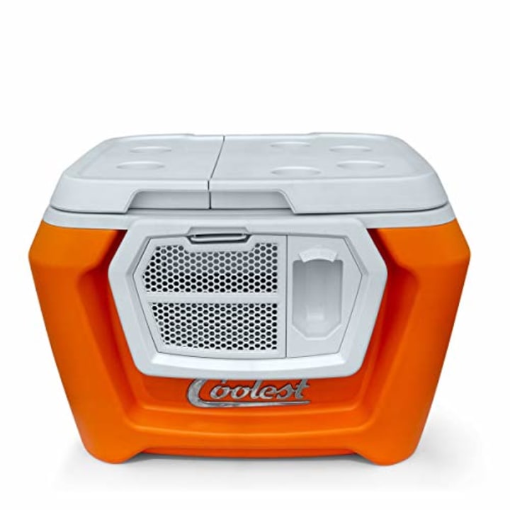 Coolest Cooler (60 Quart, Classic Orange) Premium ice Chest with Bluetooth Speaker, Oversized Wheels, telescoping Handle, Picnic Party Essentials, Bungee tie Down and Optional Blender and Solar lids