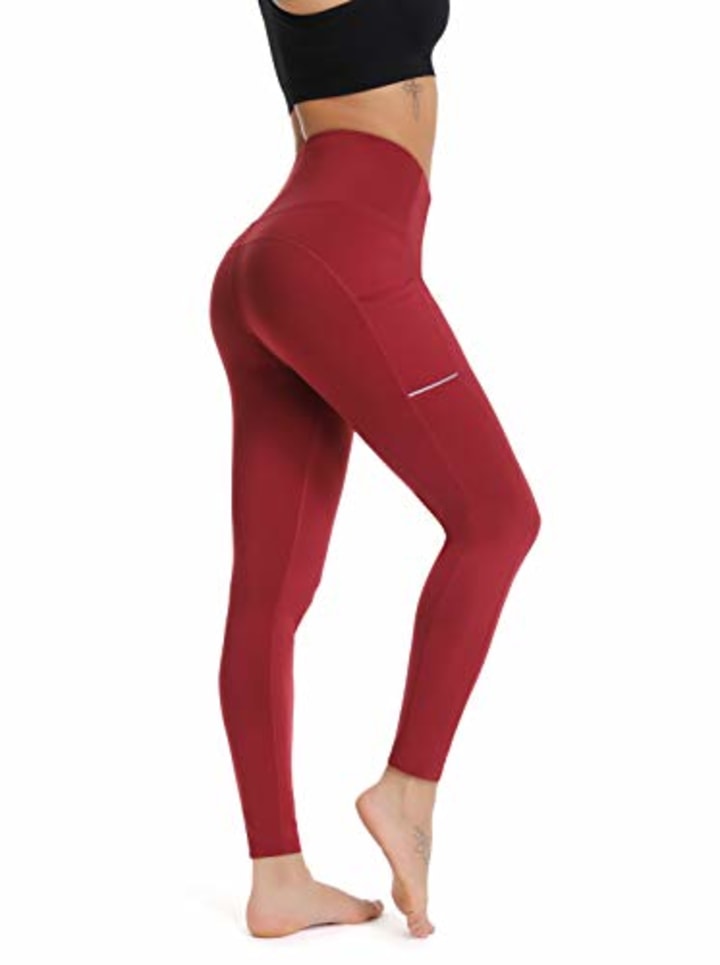 Olacia Women Leggings Pocket Athletic Yoga Pants Workout Leggings Wine Red Tummy Control Power Soft Lightweight Tights Flex Sport Running Red, Wine Red, X-Small