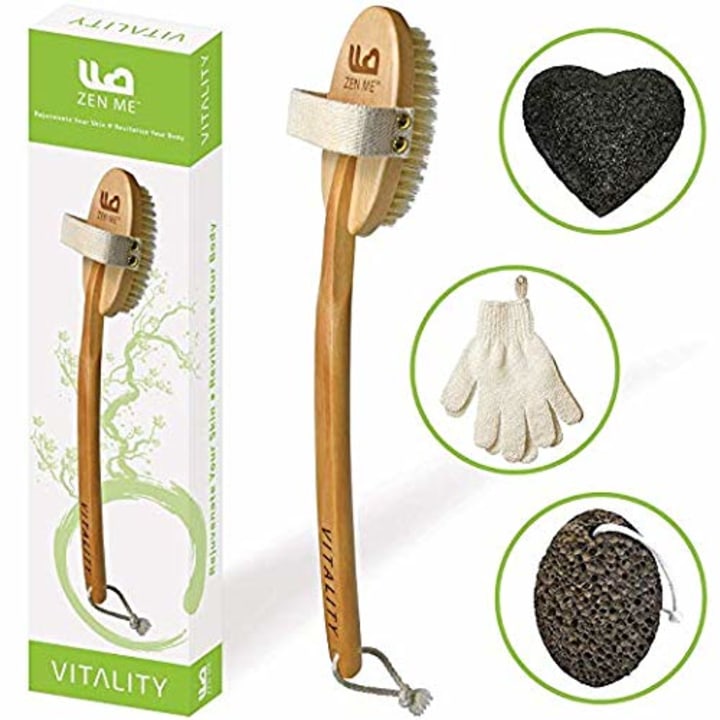 Dry Brushing Body Brush for Exfoliating Dry Skin to Get Glowing Tighter Skin - Body Brush Set Includes Exfoliator Gloves, Pumice Stone and Konjac Sponge