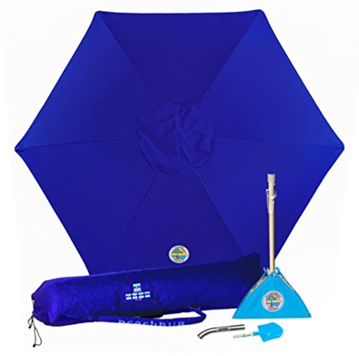 BEACHBUB All-in-One Beach Umbrella System. Includes 7  1/2 &#039; (50+ UPF) Umbrella, Oversize Bag, Base &amp; Accessory Kit
