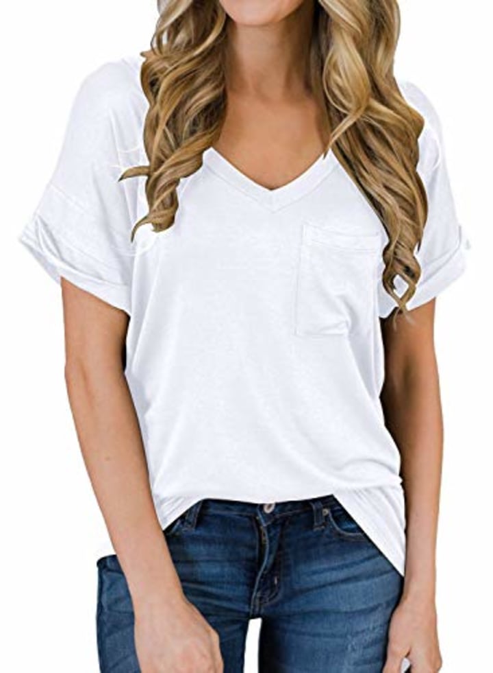 MIHOLL Women&#039;s Short Sleeve V-Neck Shirts Loose Casual Tee T-Shirt