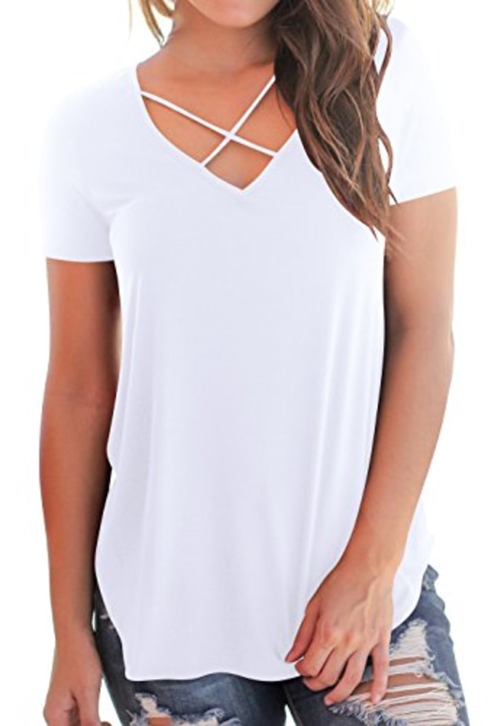 Women&#039;s Casual Short Sleeve Solid V-Neck T-Shirt Tops White XL