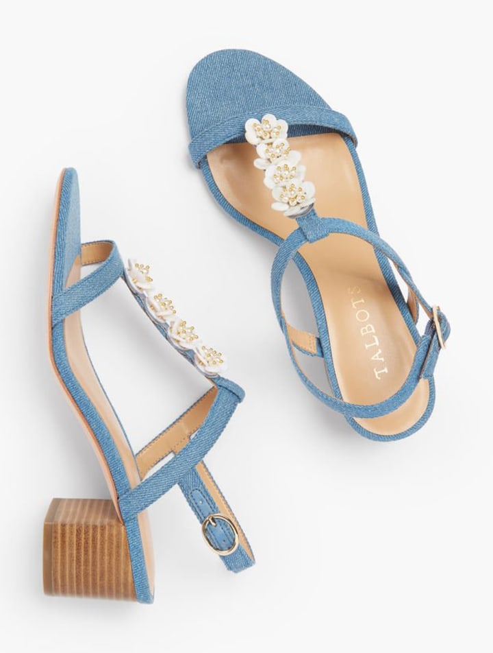 Mimi Flower-Embellished Block Heel Sandals - Denim