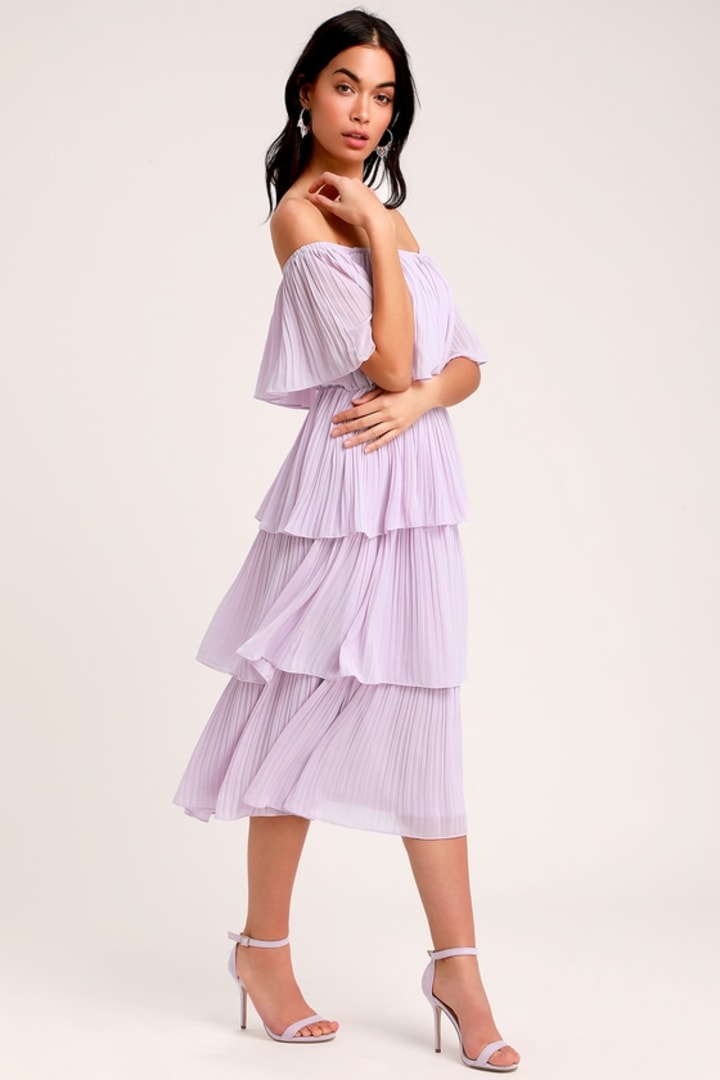 Gala Ready Lavender Off-the-Shoulder Ruffle Midi Dress