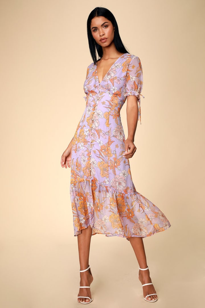 Chandler Lilac Floral Print Short Sleeve Midi Dress