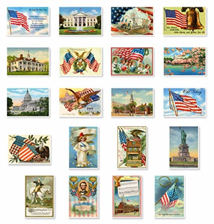 PATRIOTIC AMERICAN vintage reprints postcard set of 20 postcards. United States of America flag, patriot, president and other symbolic and national pride themes post card variety pack. Made in USA.