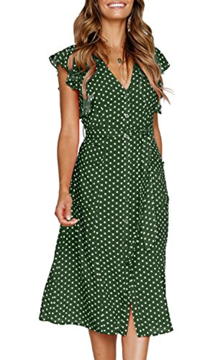 MITILLY Women&#039;s Summer Boho Polka Dot Sleeveless V Neck Swing Midi Dress with Pockets Large Green