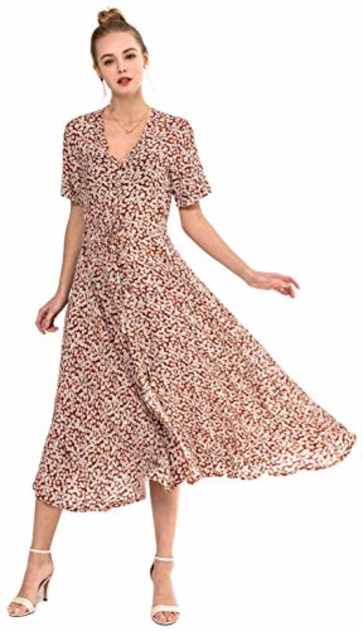 Wantdo Women&#039;s Button Up Split Floral Maxi Dress Casual Dresses Work Red S