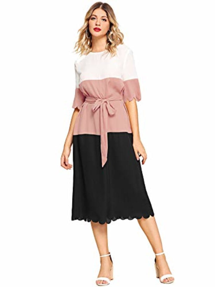Romwe Women&#039;s Casual Short Sleeve Color Block Belt Tie Scalloped Hem Summer Loose Midi Dress