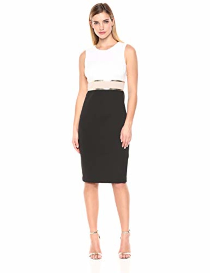 Calvin Klein Women&#039;s Sleeveless Color Block Sheath with Metallic Trim Dress, Black/Multi, 8