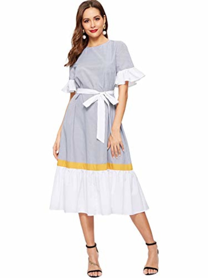 Romwe Women&#039;s Striped Short Sleeve Ruffle Hem Color Block Bow Belted Dress