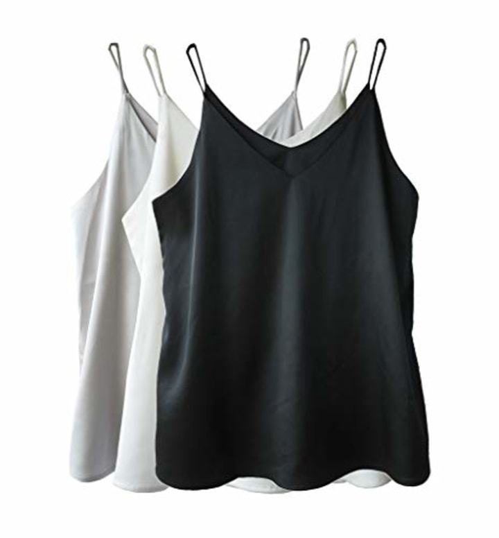 Wantschun Womens Silk Satin Camisole Cami Plain Strappy Vest Top T-Shirt Blouse Tank Shirt V-Neck Spaghetti Strap US Size 3XL;Black+White+Grey