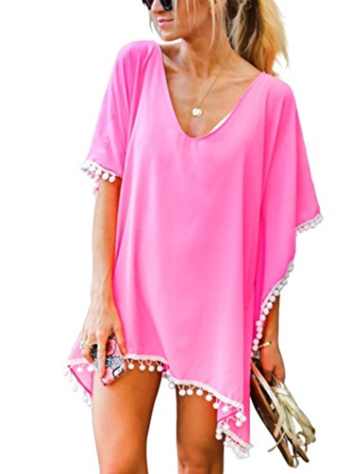 Adreamly Women&#039;s Pom Pom Trim Kaftan Chiffon Swimwear Bathing Suit Beach Cover Up Free Size Light Pink
