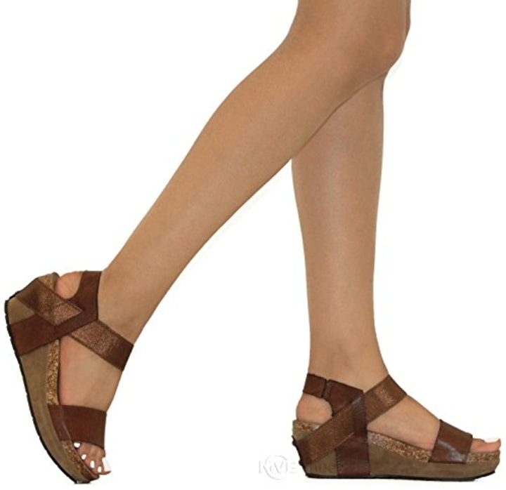 MVE Shoes Women&#039;s Open Toe Strappy Wedge - Summer Vegan Leather Platform Sandal - Low Heeled Sandals, Whiskey Size 8.5
