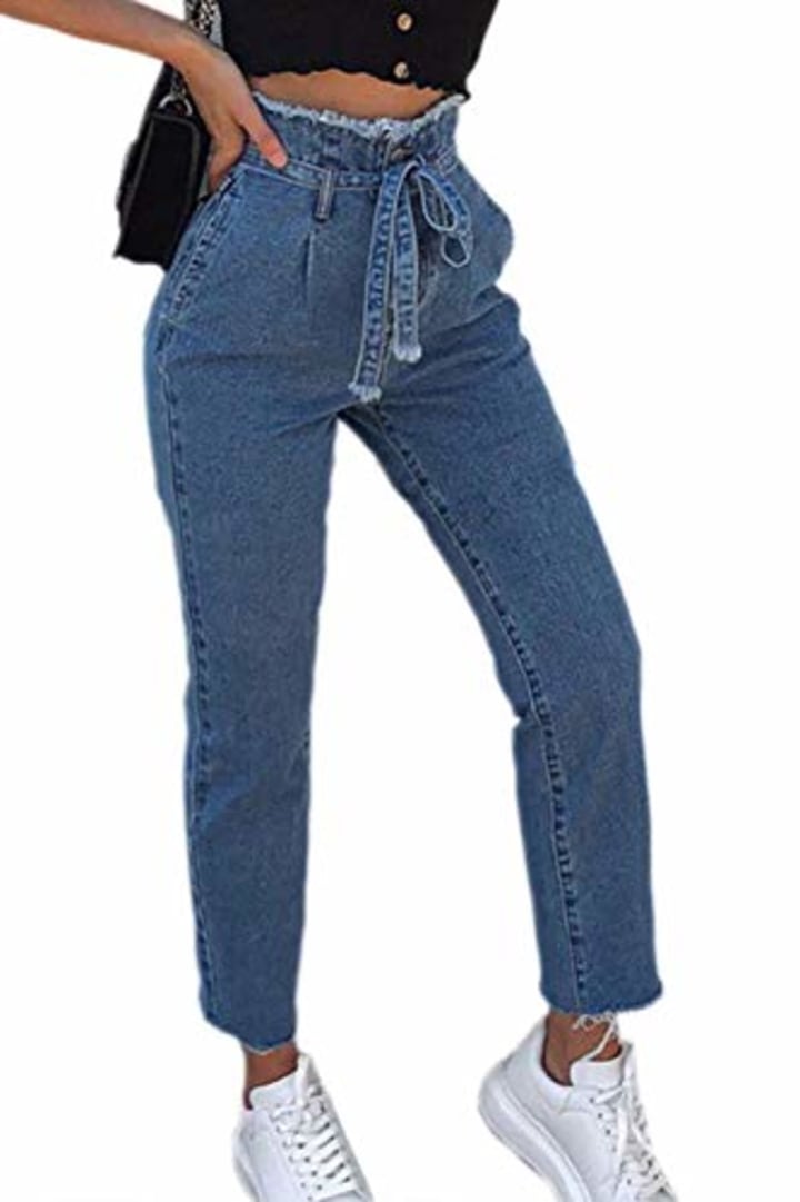 Vepodrau Women Long Paperbag Jeans High Waist Belted Denim Ankle Pants Blue M