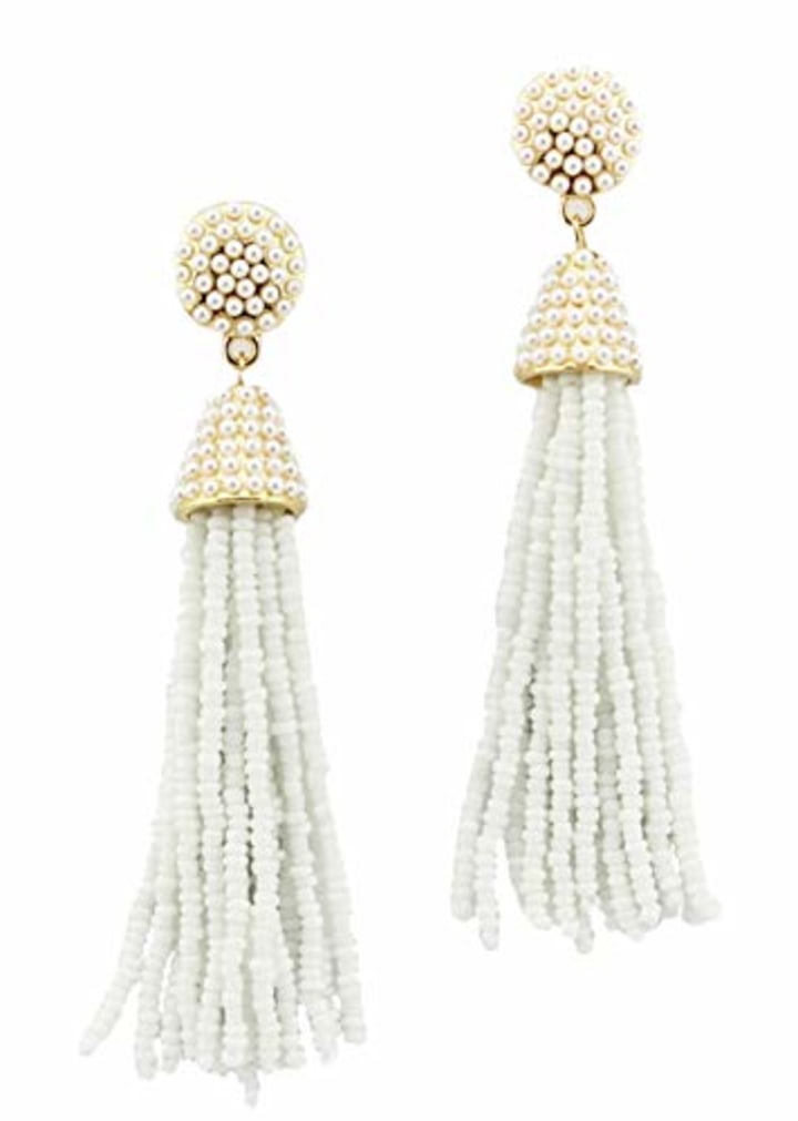 stylesilove Womens Fashion Handmade Beaded Pearl Seed Beads Tassels Long Earrings Bohemian Necklace (White)