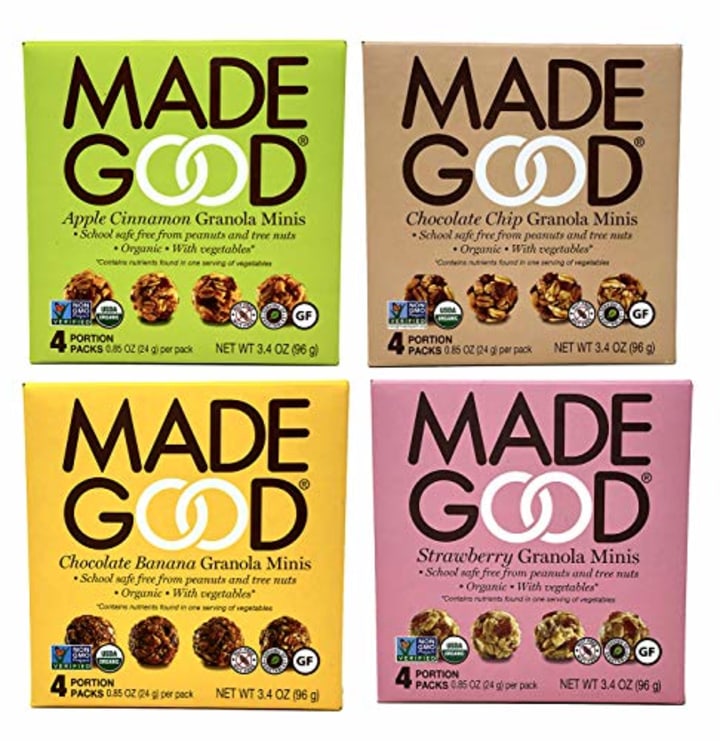 Made Good Organic Granola Minis - Variety Pack of 4 Flavors -Tree-Nut and Peanut-Free, Gluten-Free, Vegan, Kosher (4 Portion Packs Per Flavor)