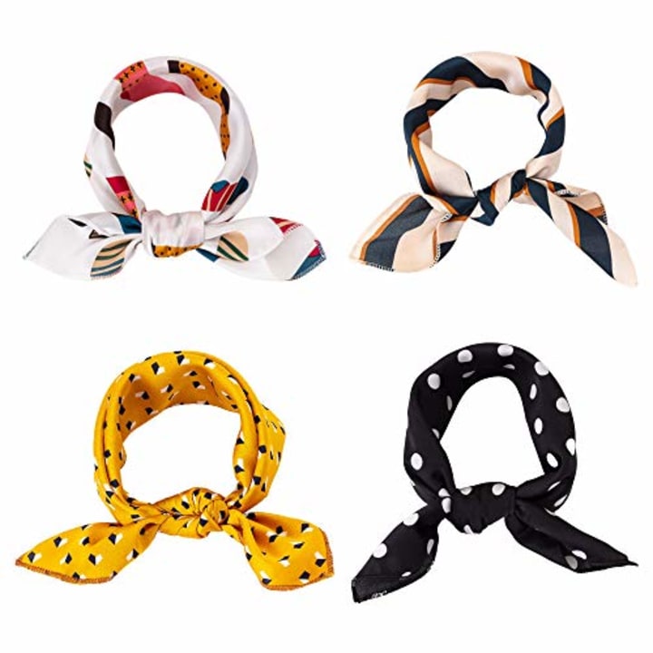 4Pack Square Scarf for Women&#039;s Neck Scarf Decorative Dots Floral Striped Neckerchief Scarfs (4Pcs Square Scarf)