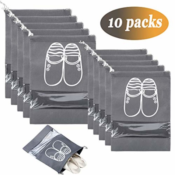 ZiftMART Portable Travel Shoe Bags 10pcs Non-Woven Shoe Storage Bags Large Organizer with Drawstring Space Saving Pouches 
