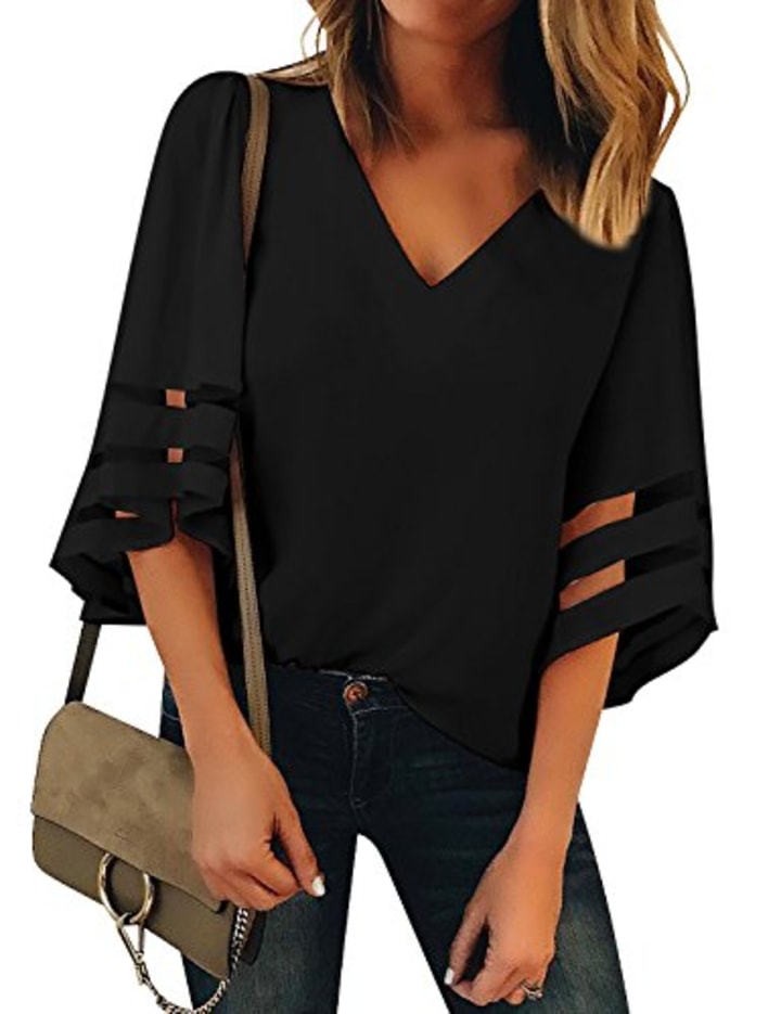 LookbookStore Women&#039;s Black V Neck Casual Mesh Panel Blouse 3/4 Bell Sleeve Solid Color Loose Top Shirt Size S(US 4-6)