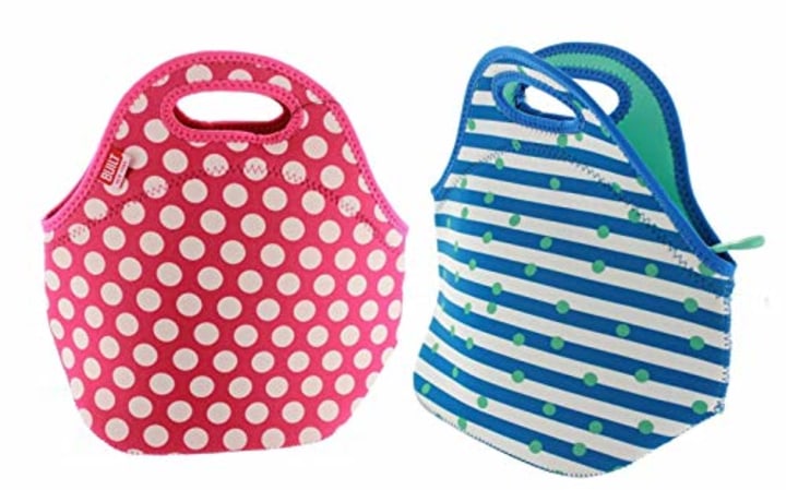 BUILT NY Gourmet Getaway Neoprene Lunch Tote with Zipper, 2 Pack (Stripe Dot Mint/Pink Dots)