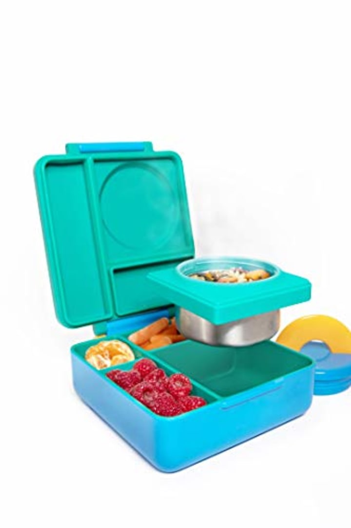 OmieBox Bento Box for Kids | Bento Box Container with Thermos, Insulated and Leak Proof for Hot &amp; Cold Food - 3 Compartments, Two Temperature Zones - (Meadow) (Single)