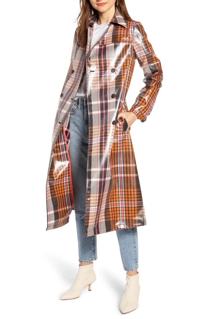 Water Resistant Plaid Glossy Trench Coat