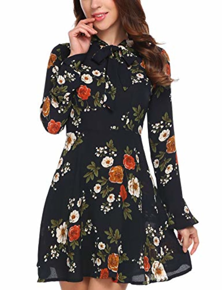 ACEVOG Women&#039;s Casual Floral Print Bell Sleeve Fit and Flare Dress