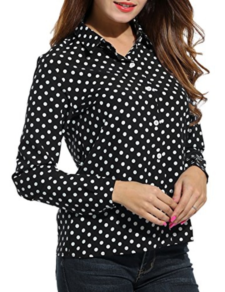 SE MIU Women&#039;s Chiffon Long Sleeve Polka Dot Office Button Down Blouse Shirt Tops Black