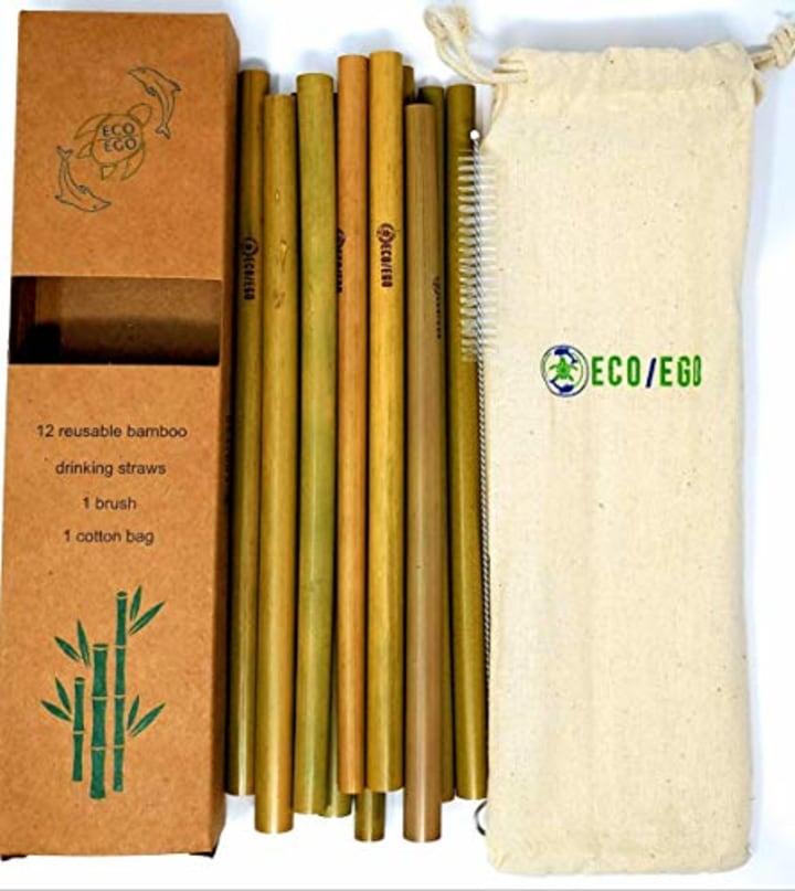 ECO/EGO reusable organic 8&quot; bamboo straws. Set of 12 biodegradable and reusable straws w/brush and travel pouch. ethically sourced. 10% of profits donated to sea turtle rescue.