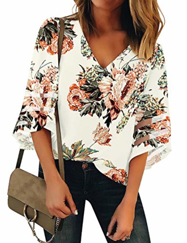 Mesh Panel Bell-Sleeve Blouse in Floral Print
