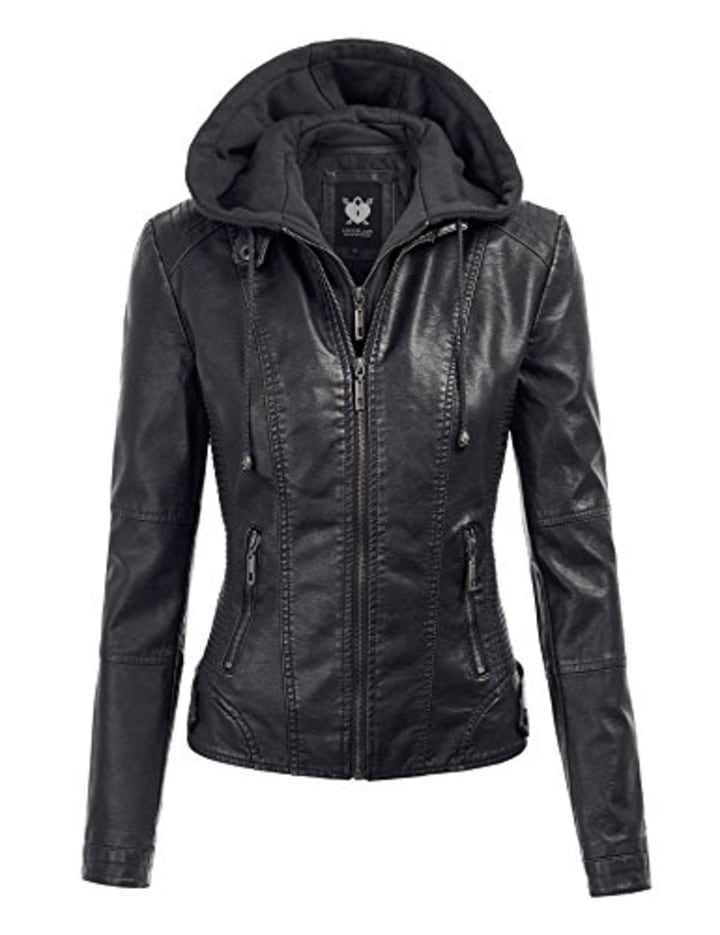LL Womens Hooded Faux Leather Jacket