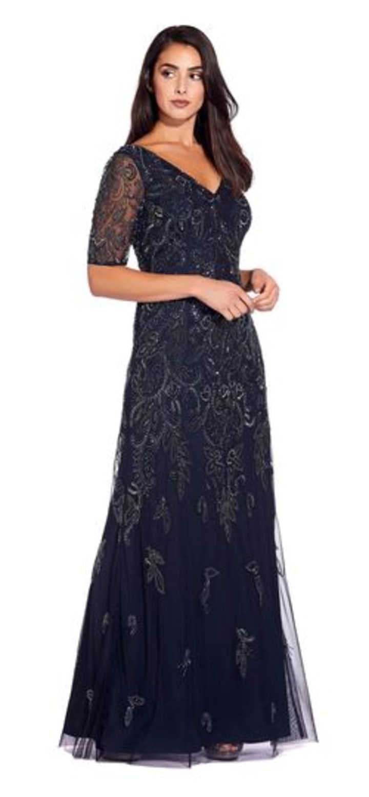 Elbow Sleeve Beaded Dress with Sheer Detail