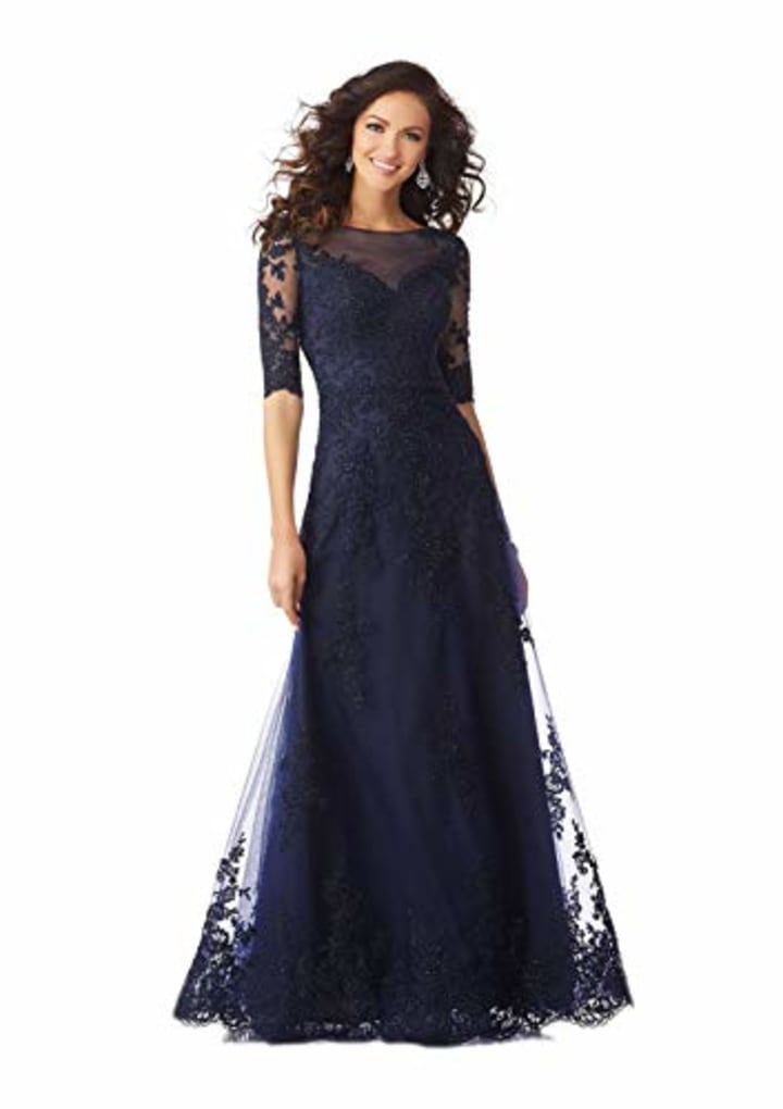 Lace Beaded Dress in Navy