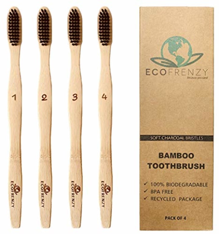EcoFrenzy- Bamboo Toothbrush: Soft BPA Free Charcoal Bristles, Biodegradable. (Pack of 4)