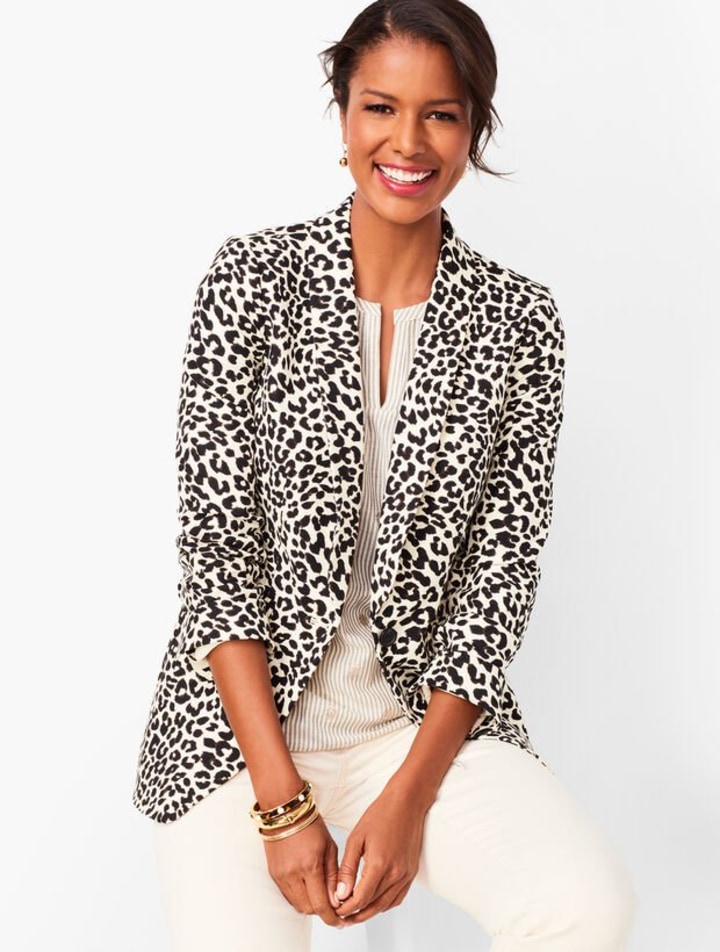Long Linen-Blend Blazer - Leopard Print