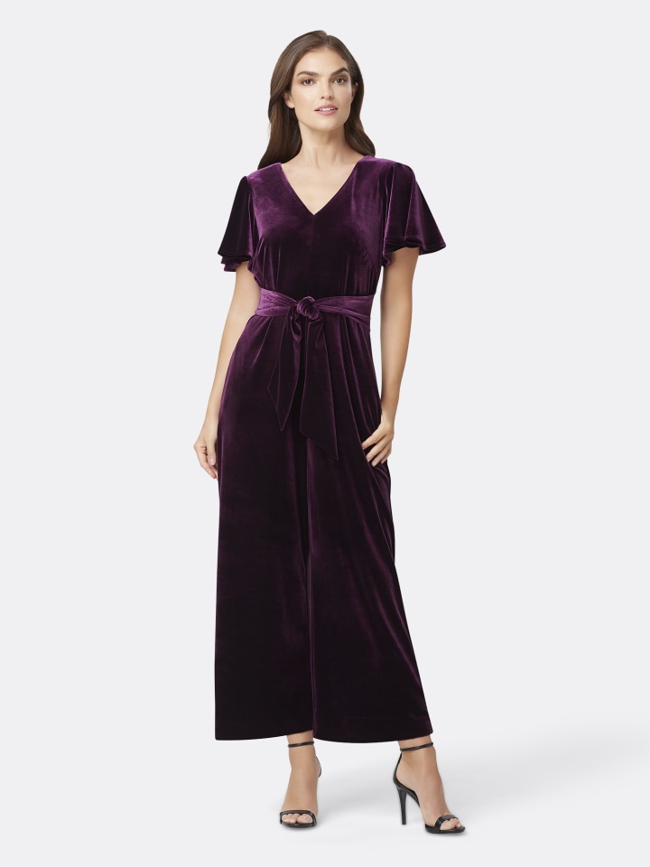 Tahari Velvet Flutter-Sleeve Jumpsuit