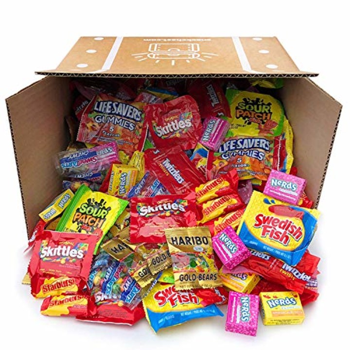 Halloween Assorted Candy Party Mix Bulk Twizzlers Nerds Swedish Fish Sour Patch Skittles Starburst and Much More of Your Favorite Candy. Over 200 Individually Wrapped Candy (90 oz) (Amazon)