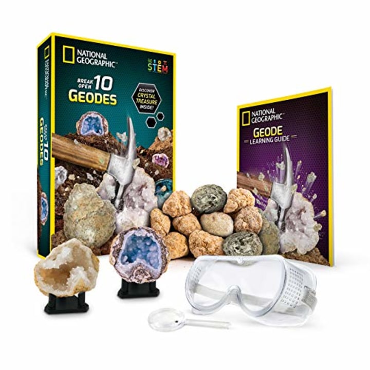 National Geographic Break Open 10 Premium Geodes - Includes Goggles, Detailed Learning Guide &amp; 2 Display Stands - Great Stem Science Gift for Mineralogy &amp; Geology Enthusiasts of Any Age