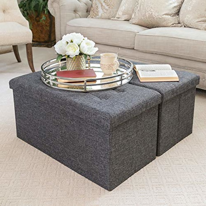 Seville Classics 15.7&quot; Foldable Storage Ottoman Footrest Toy Box Coffee Table Stool, 2-Pack, Charcoal Gray