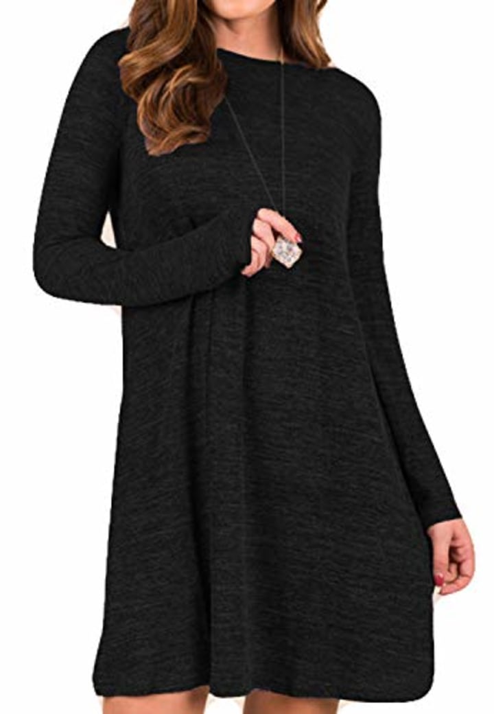 POGTMM Women&#039;s Casual Loose Knitted Basic Lightweight Swing Tunic Dress Long Sleeve Sweater Dress with Pockets (XL, B-Black)